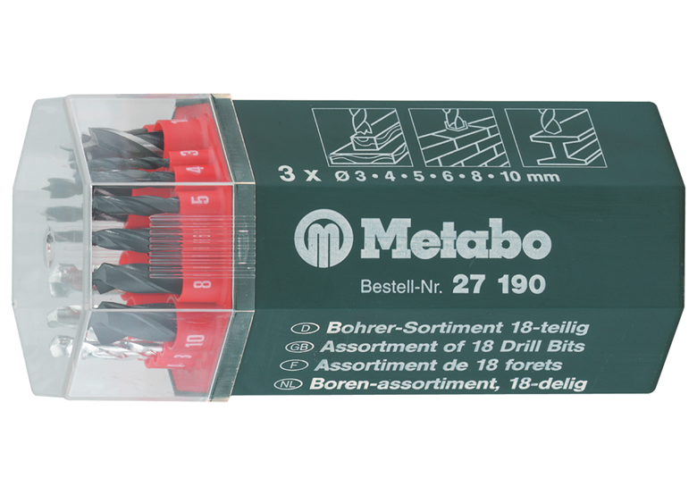 Wiertła w okrągłym pudełku (18 szt,) metal-kamień-drewno (6x3-4-5-6-8-10 mm) Metabo 627190000